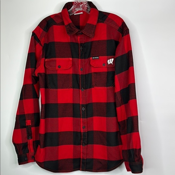 Columbia UW Wisconsin Buffalo Plaid Heavy Long Sleeve Button Up Shirt Large - Picture 1 of 8
